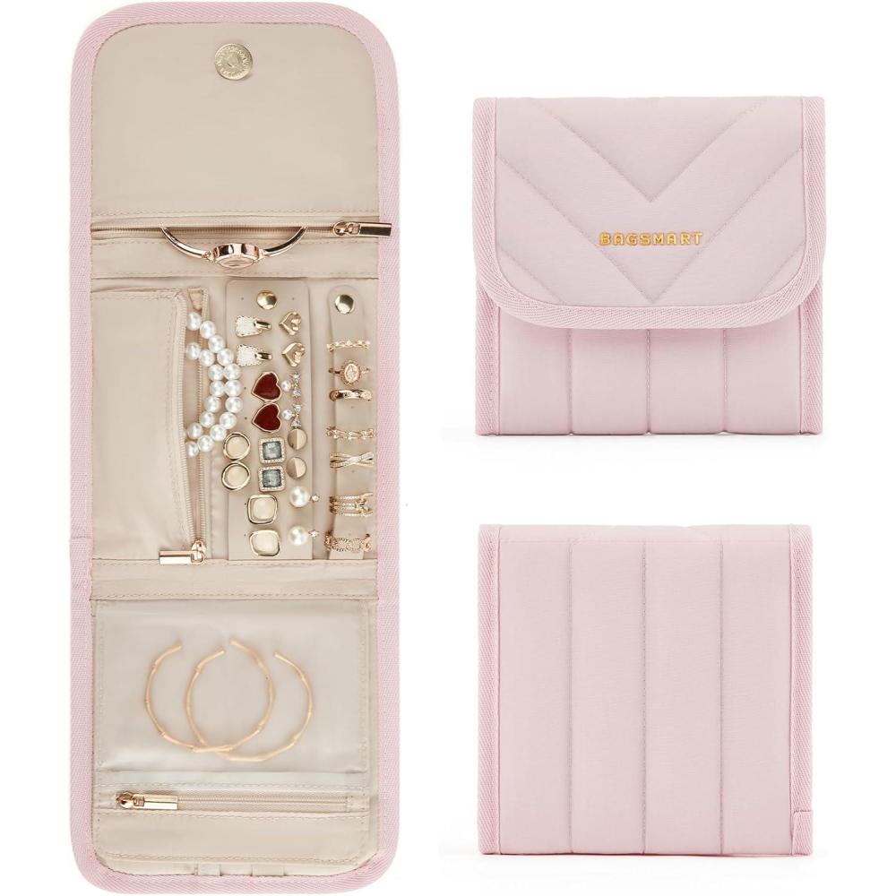imageBAGSMART Travel Jewelry Organizer Case Foldable Jewelry Roll for Necklaces Earrings JourneyRings Bracelets Brooches Portable PinkBPink