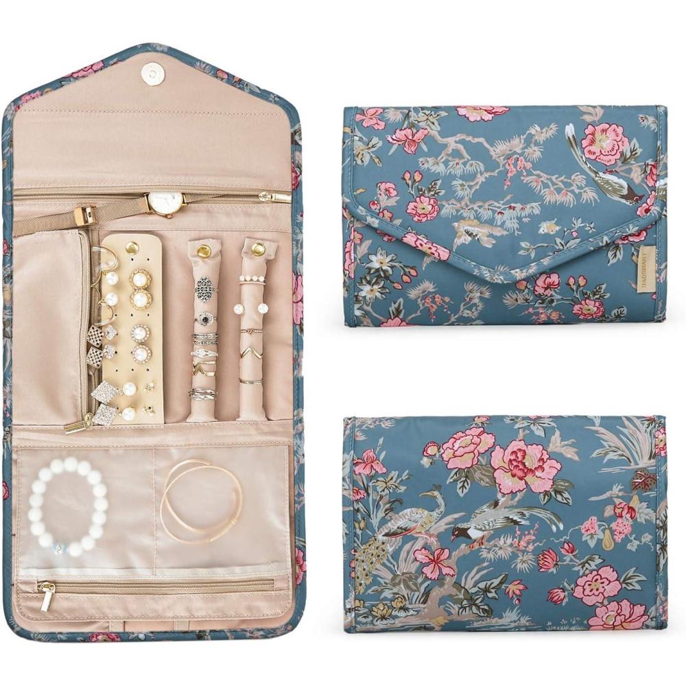imageBAGSMART Travel Jewelry Organizer Case Foldable Small Jewelry Roll for Journey Rings Necklaces Earrings BraceletsMiniSoft PinkFlower Bird