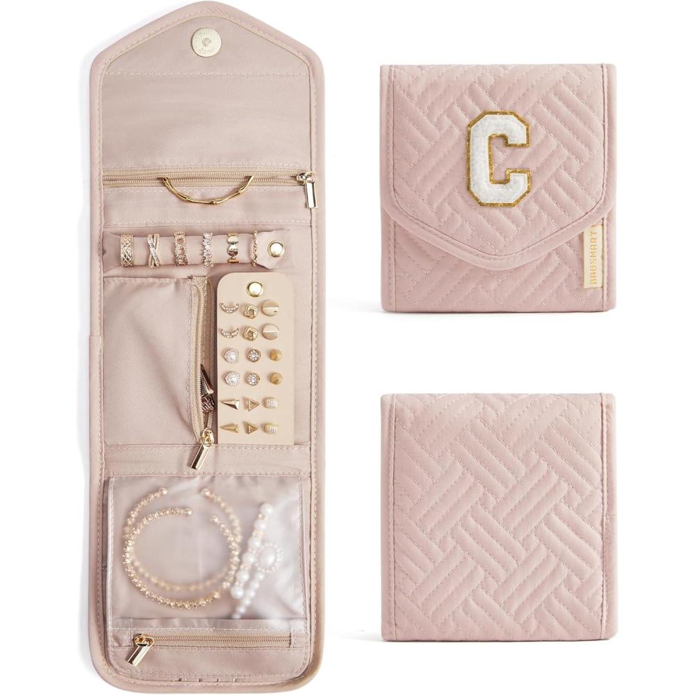 imageBAGSMART Travel Jewelry Organizer Case Foldable Small Jewelry Roll for Journey Rings Necklaces Earrings BraceletsMiniSoft PinkPinkC