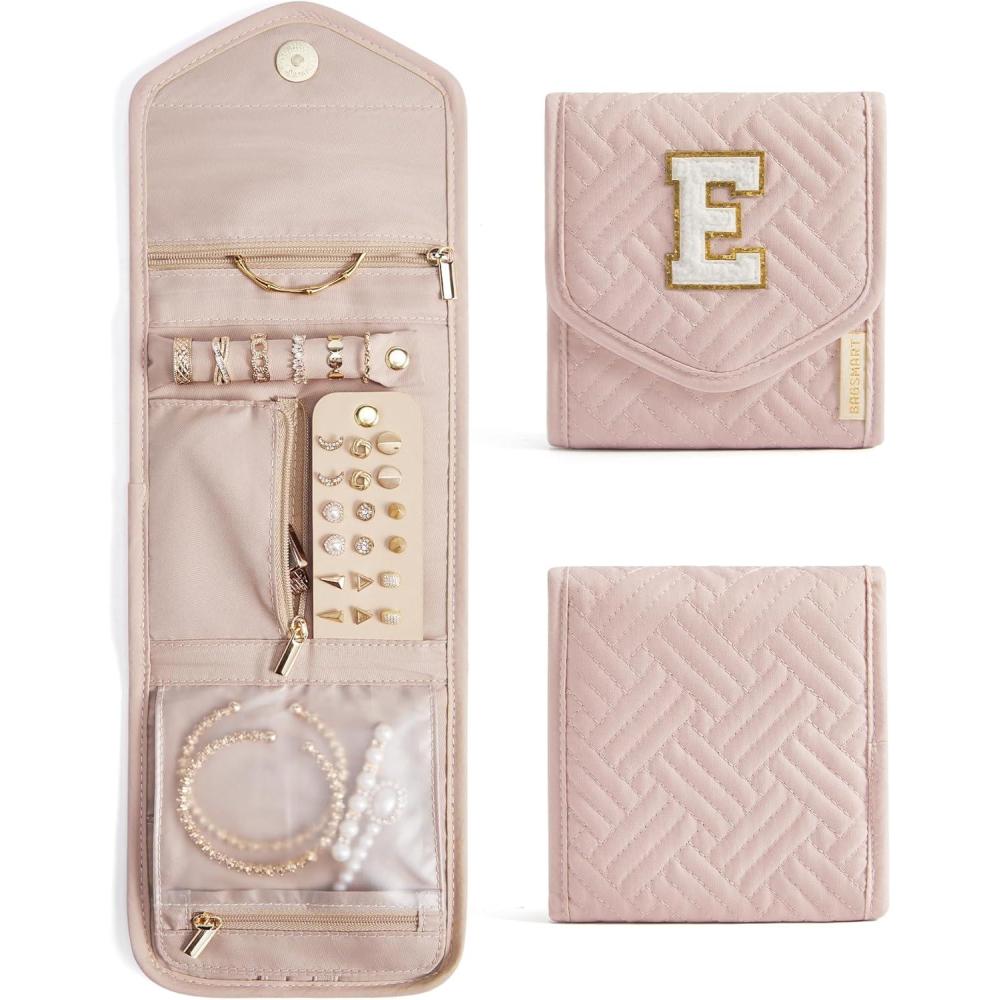 imageBAGSMART Travel Jewelry Organizer Case Foldable Small Jewelry Roll for Journey Rings Necklaces Earrings BraceletsMiniSoft PinkPinkE