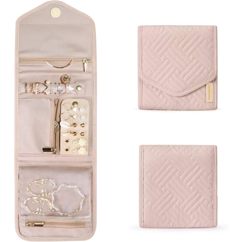 imageBAGSMART Travel Jewelry Organizer Case Foldable Small Jewelry Roll for Journey Rings Necklaces Earrings BraceletsMiniSoft PinkSoft Pink