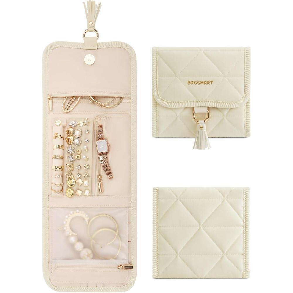 imageBAGSMART Travel Jewelry Organizer for Women Foldable Jewelry Storage Roll for Earrings Necklaces Bracelets Earrings Brooches Fashion BlackBeige