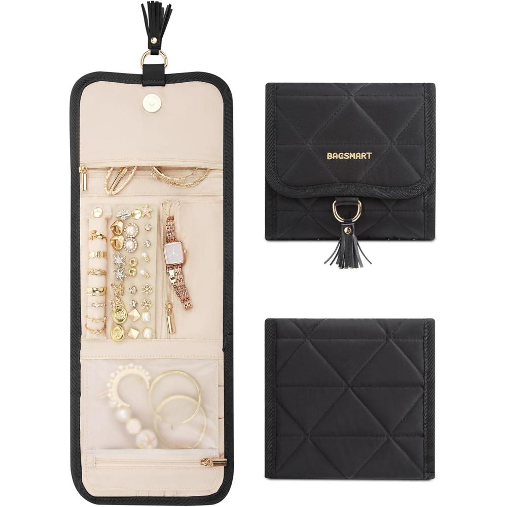 imageBAGSMART Travel Jewelry Organizer for Women Foldable Jewelry Storage Roll for Earrings Necklaces Bracelets Earrings Brooches Fashion BlackBlack