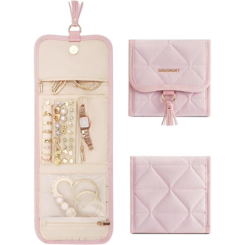 imageBAGSMART Travel Jewelry Organizer for Women Foldable Jewelry Storage Roll for Earrings Necklaces Bracelets Earrings Brooches Fashion BlackPink