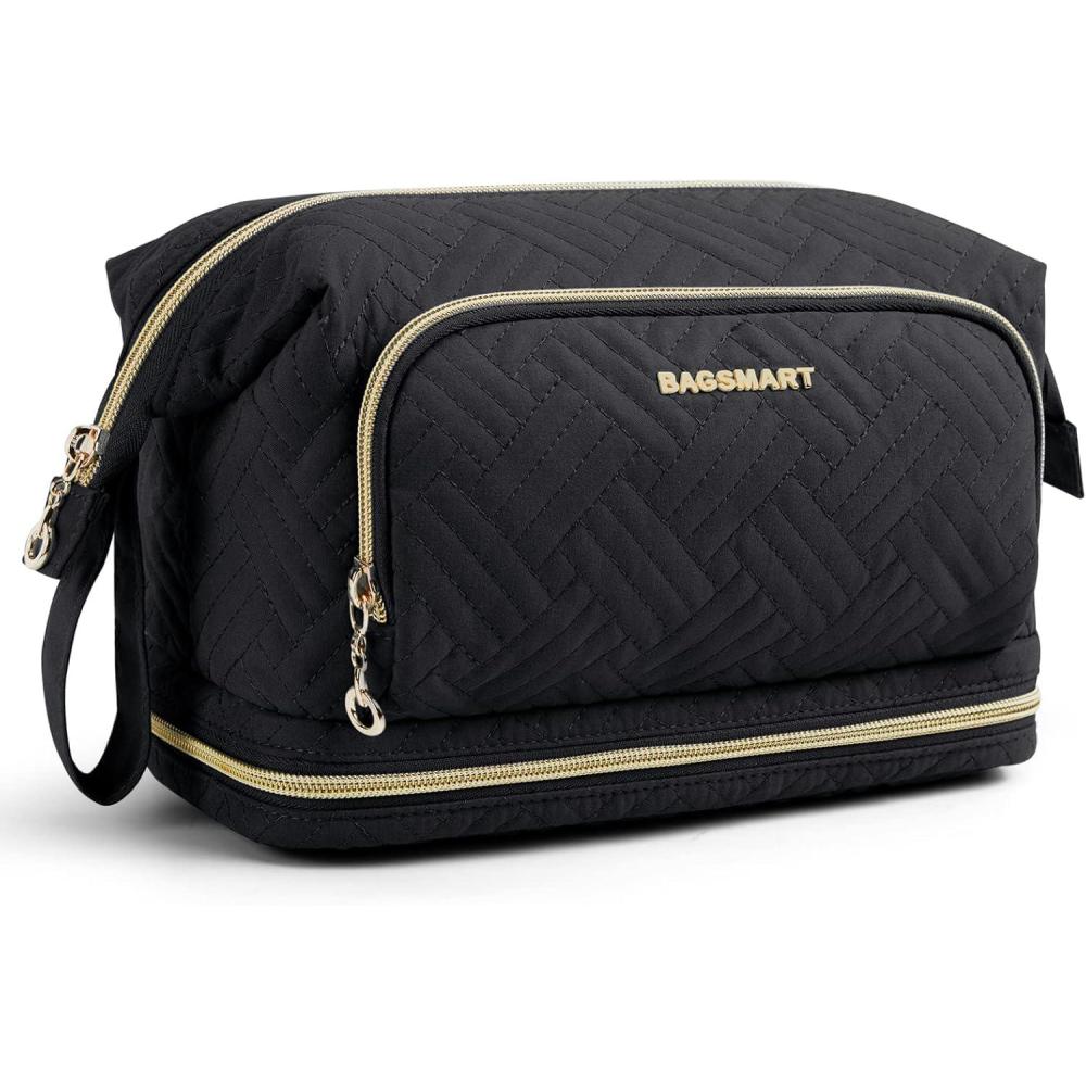 imageBAGSMART Travel Makeup Bag Cosmetic Bag Make Up Organizer CaseLarge Wideopen Pouch for Women Purse for Toiletries Accessories BrushesN2 Layers Black