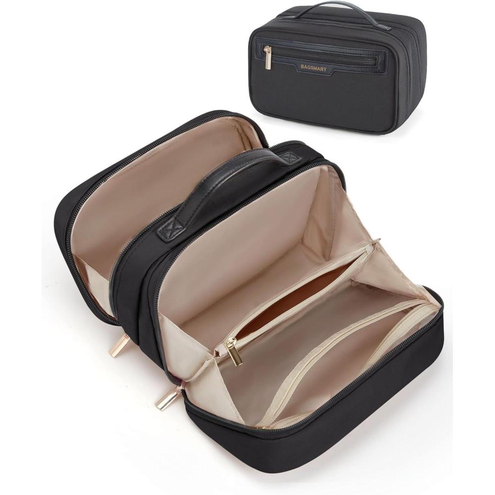 imageBAGSMART Travel Makeup Bag Make Up Bag with Multiple Compartments for Organizer Durable amp Compact Cosmetic Organizer for Women for Travel Accessories BeigeBlack