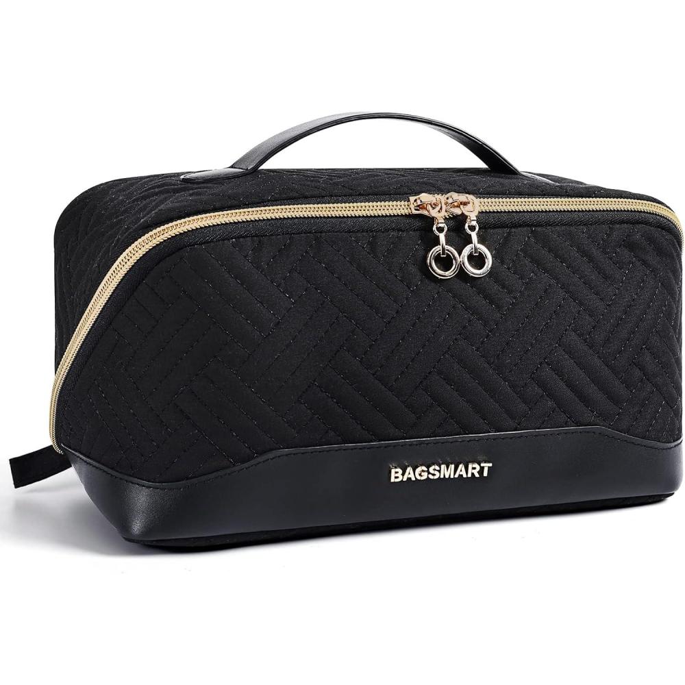 imageBAGSMART Travel Makeup Bag for Women Portable Waterresistant Cosmetic Case Puffy Padded Make Up Organizer Pouch Open Flat Toiletry Bag for Toiletries Brushes BlackBlack