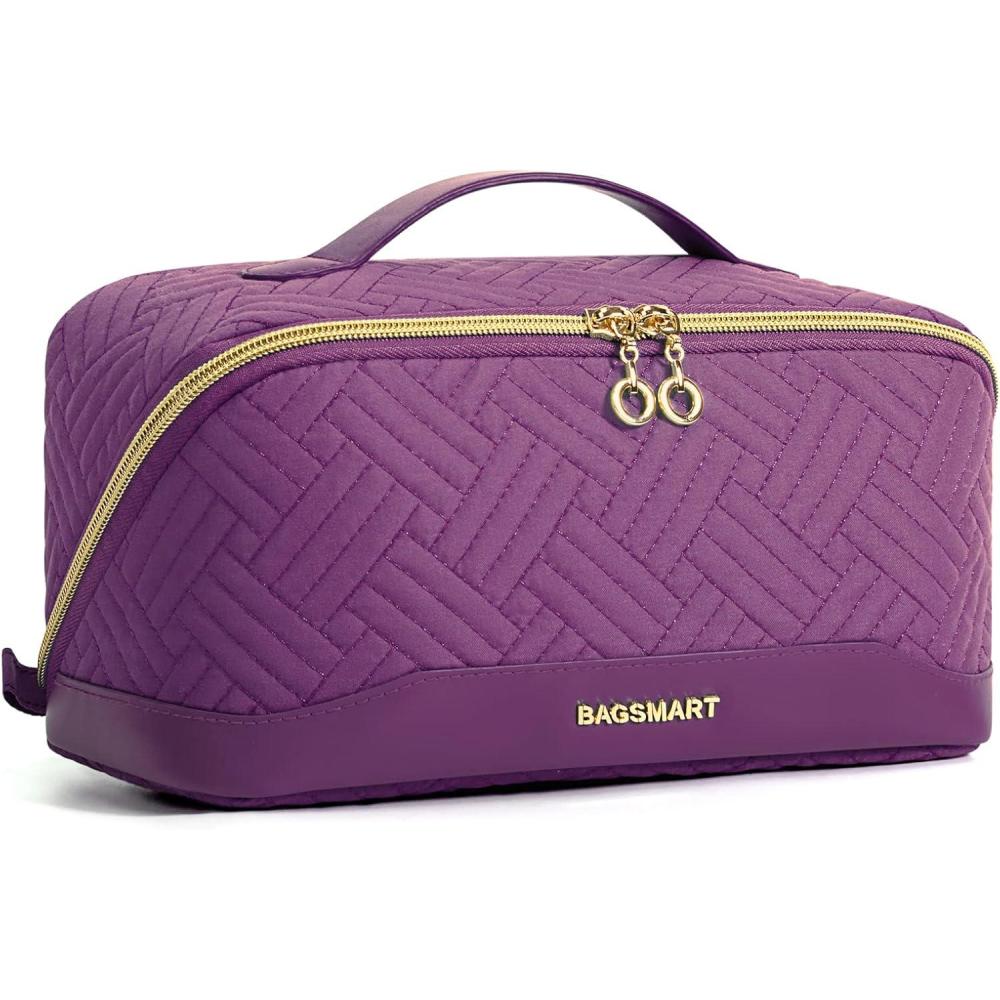 imageBAGSMART Travel Makeup Bag for Women Portable Waterresistant Cosmetic Case Puffy Padded Make Up Organizer Pouch Open Flat Toiletry Bag for Toiletries Brushes Black12Purple