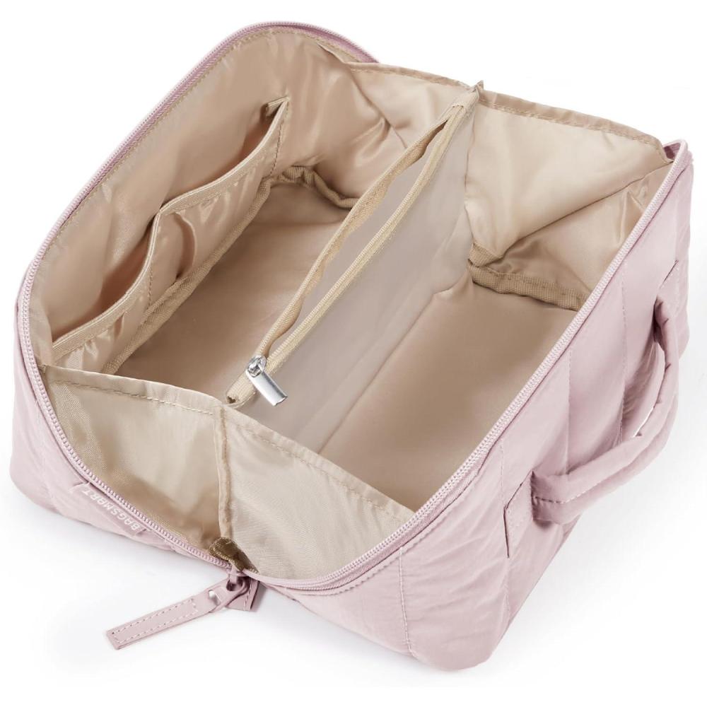 imageBAGSMART Travel Makeup Bag for Women Portable Waterresistant Cosmetic Case Puffy Padded Make Up Organizer Pouch Open Flat Toiletry Bag for Toiletries Brushes Black02Baby Pink
