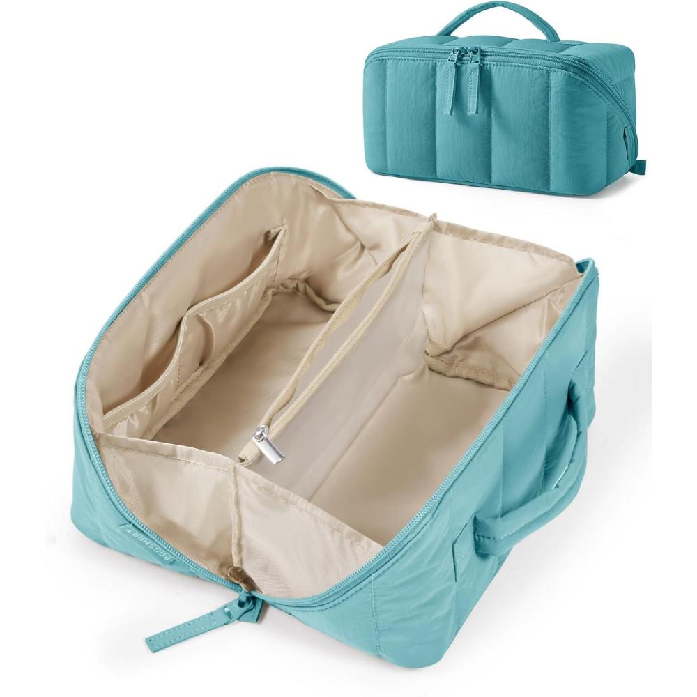 imageBAGSMART Travel Makeup Bag for Women Portable Waterresistant Cosmetic Case Puffy Padded Make Up Organizer Pouch Open Flat Toiletry Bag for Toiletries Brushes Black06Green