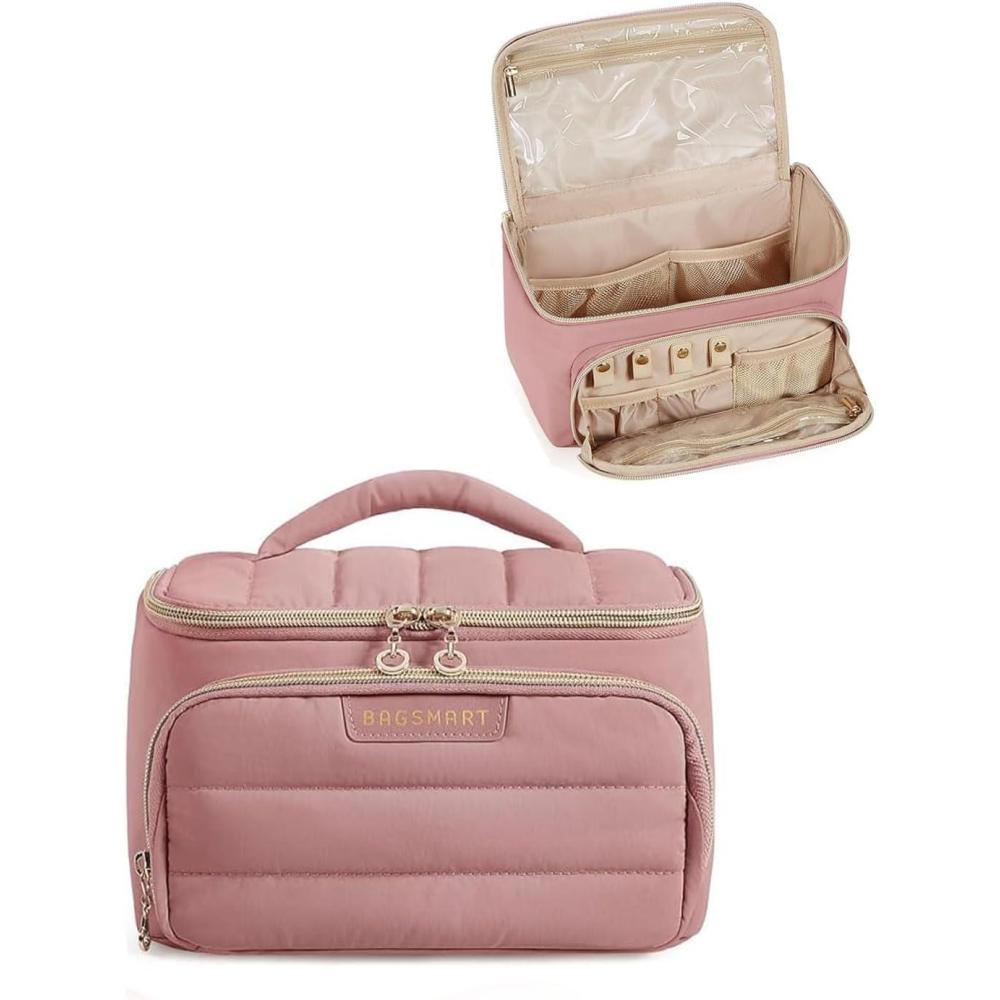 imageBAGSMART Travel Makeup Bag with Jewelry Organizer Portable Make Up Bag Puffy WideOpening Cosmetic Storage Pouch for Womens Toiletries and Travel Essentials Dark PinkDark Pink