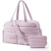BAGSMART Gym Bag for Women, Lightweight Puffer Duffle Bag 2-PC Travel Bag, 31L Weekender Overnight Bag Quilted Carry On Tote Bag, Diaper Hospital Dance bag for Travel, Gym, Water Resistant, Pink(Misty Purple)
