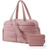 BAGSMART Gym Bag for Women, Lightweight Puffer Duffle Bag 2-PC Travel Bag, 31L Weekender Overnight Bag Quilted Carry On Tote Bag, Diaper Hospital Dance bag for Travel, Gym, Water Resistant, Pink(Dull Pink)