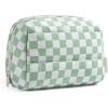 BAGSMART Puffy Makeup Bag, Wide Opening Cosmetic Bag Compact & Spacious, Water-Resistant Travel Organizer Pouches for Women (Baby Pink)(Green checkered)