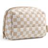 BAGSMART Puffy Makeup Bag, Wide Opening Cosmetic Bag Compact & Spacious, Water-Resistant Travel Organizer Pouches for Women (Baby Pink)(Khaki Checkered)