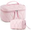 BAGSMART Travel Makeup Bag, 2-Piece Puffy Quilted Cute Make Up Bag Cosmetic Bags for Women, Large Wide-Open Toiletry Pouch Gifts for Toiletries Accessories Travelling Essentials, Pink(Pink)