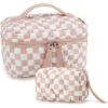 BAGSMART Travel Makeup Bag, 2-Piece Puffy Quilted Cute Make Up Bag Cosmetic Bags for Women, Large Wide-Open Toiletry Pouch Gifts for Toiletries Accessories Travelling Essentials, Pink(Checkered Khaki)