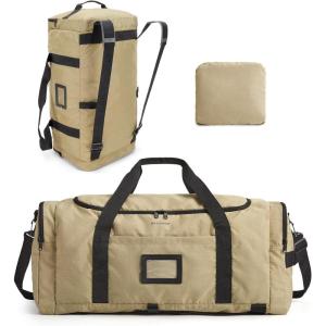 BAGSAMRT 60L Foldable Duffle Bag for Travel, Large Travel Duffel Bag for Men, 4 in 1 Travel Backpack, Carry on Weekender Bag, Army Green(Light Brown)