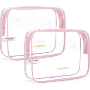 BAGSMART Clear Toiletry Bag, 2 Pack TSA Approved Travel Toiletry Bag Carry on Travel Accessories Bag Airport Airline Quart Size Bags Water Repellent Makeup Cosmetic Bag for Women (Black-2pcs)(Angelic Pink)