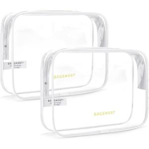 BAGSMART Clear Toiletry Bag, 2 Pack TSA Approved Travel Toiletry Bag Carry on Travel Accessories Bag Airport Airline Quart Size Bags Water Repellent Makeup Cosmetic Bag for Women (Black-2pcs)(Classic White)