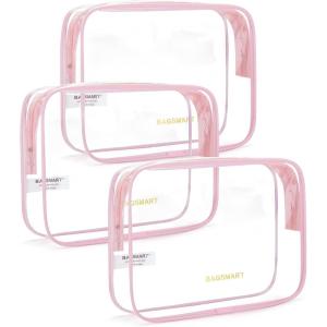 BAGSMART Clear Toiletry Bag, 2 Pack TSA Approved Travel Toiletry Bag Carry on Travel Accessories Bag Airport Airline Quart Size Bags Water Repellent Makeup Cosmetic Bag for Women (Black-2pcs)(Candy Pink)