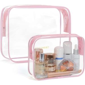 BAGSMART Clear Toiletry Bag, 2 Pack TSA Approved Travel Toiletry Bag Carry on Travel Accessories Bag Airport Airline Quart Size Bags Water Repellent Makeup Cosmetic Bag for Women (Black-2pcs)(Pink)