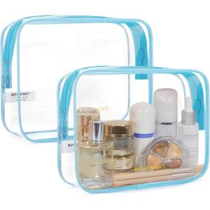 BAGSMART Clear Toiletry Bag, 2 Pack TSA Approved Travel Toiletry Bag Carry on Travel Accessories Bag Airport Airline Quart Size Bags Water Repellent Makeup Cosmetic Bag for Women (Black-2pcs)(Distinct Blue)