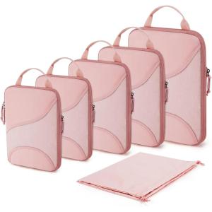 BAGSMART Compression Packing Cubes – 6 Set Travel Packing Cubes for Suitcases, Compression Suitcase Organizers with Shoe Bag(01-Baby Pink)