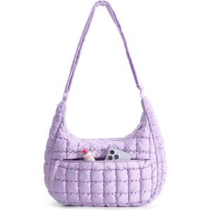 BAGSMART Crossbody Hobo Bag for Women with Adjustable Strap, Quilted Puffy Purses for Women Fluffy Compact Shoulder Handbag(E-iced Lavender)