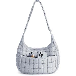 BAGSMART Crossbody Hobo Bag for Women with Adjustable Strap, Quilted Puffy Purses for Women Fluffy Compact Shoulder Handbag(F-moonlight Gray)