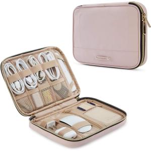 BAGSMART Electronic Organizer, Large Travel Cable Bag,Cord Organizer Bag,Electronics Accessories Cases for 7.9” iPad Mini,iPhone,Cables,Chargers,USB,SD Card,Leather,Pink