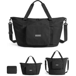 BAGSMART Foldable Travel Bag, 37L Duffle Bag for Travel, Expendable Carry on Weekender Duffel, Lightweight Personal Item Bag, Camel(Black)