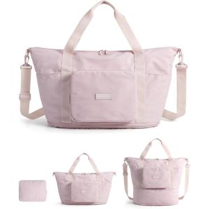 BAGSMART Foldable Travel Bag, 37L Duffle Bag for Travel, Expendable Carry on Weekender Duffel, Lightweight Personal Item Bag, Camel(Pink)