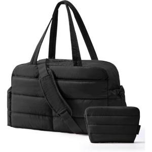 BAGSMART Gym Bag for Women, Lightweight Puffer Duffle Bag 2-PC Travel Bag, 31L Weekender Overnight Bag Quilted Carry On Tote Bag, Diaper Hospital Dance bag for Travel, Gym, Water Resistant, Pink(Black)