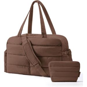 BAGSMART Gym Bag for Women, Lightweight Puffer Duffle Bag 2-PC Travel Bag, 31L Weekender Overnight Bag Quilted Carry On Tote Bag, Diaper Hospital Dance bag for Travel, Gym, Water Resistant, Pink(Coffee Brown)