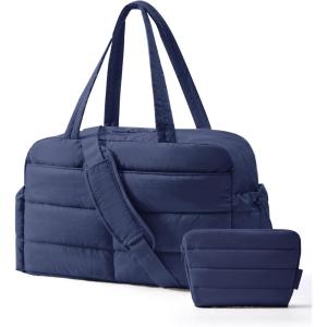 BAGSMART Gym Bag for Women, Lightweight Puffer Duffle Bag 2-PC Travel Bag, 31L Weekender Overnight Bag Quilted Carry On Tote Bag, Diaper Hospital Dance bag for Travel, Gym, Water Resistant, Pink(Navy Blue)