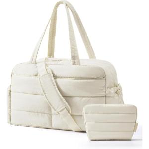 BAGSMART Gym Bag for Women, Lightweight Puffer Duffle Bag 2-PC Travel Bag, 31L Weekender Overnight Bag Quilted Carry On Tote Bag, Diaper Hospital Dance bag for Travel, Gym, Water Resistant, Pink(Beige)