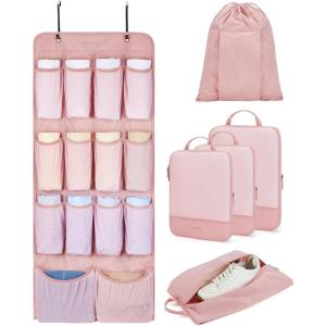 BAGSMART Hanging Compression Packing Cubes, 6 Set Large Suitcase Organizer Bags Set, Cruise Travel Essentials for Women | Hanging, Compression, Packing Cubes, for Women(Baby Pink)