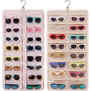 BAGSMART Hanging Jewelry Organizer, Dust Proof Sunglasses Storage Case Wall Mounted, Travel Dual Sided Glasses Case Multiple Pairs, Eyeglasses Holder with 32 Clear Slots & Metal Hook, Black(Pink)