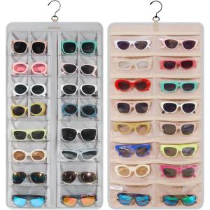 BAGSMART Hanging Jewelry Organizer, Dust Proof Sunglasses Storage Case Wall Mounted, Travel Dual Sided Glasses Case Multiple Pairs, Eyeglasses Holder with 32 Clear Slots & Metal Hook, Black(Grey)
