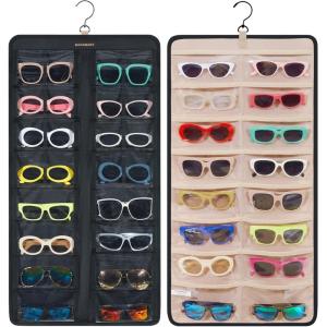 BAGSMART Hanging Jewelry Organizer, Dust Proof Sunglasses Storage Case Wall Mounted, Travel Dual Sided Glasses Case Multiple Pairs, Eyeglasses Holder with 32 Clear Slots & Metal Hook, Black(Black)