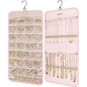 BAGSMART Hanging Jewelry Organizer Storage Roll with Hanger Metal Hooks Double-Sided Jewelry Holder for Earrings, Necklaces, Rings on Closet, Wall, Door, 1 piece, Large, Black(Pink)