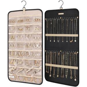 BAGSMART Hanging Jewelry Organizer Storage Roll with Hanger Metal Hooks Double-Sided Jewelry Holder for Earrings, Necklaces, Rings on Closet, Wall, Door, 1 piece, Large, Black(Black)