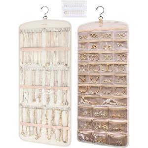 BAGSMART Hanging Jewelry Organizer Storage with Hanger Metal Hooks Double-Sided Jewelry Holder for Earrings, Necklaces, Rings on Closet, Wall, Door, 1 piece Large Black(Beige)
