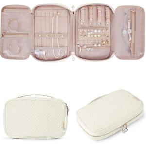 BAGSMART Jewelry Organizer Case Large Travel Jewelry Storage Bag for Necklace, Earrings, Rings, Bracelet, Soft Pink(Beige)