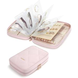 BAGSMART Jewelry Travel Case, Ring Binder Storage Book with Clear Pockets, Zippered Organizer for Necklace, Earrings, Rings, Bracelet, Pink(Pink)