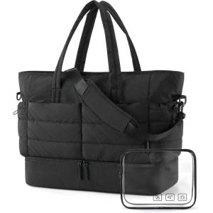 BAGSMART Large Travel Duffel Bag with Shoe Compartment, Puffer Carry-On Gym Weekender Bag for Women, Charcoal(Charcoal)