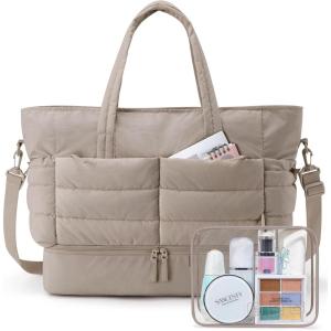 BAGSMART Large Travel Duffel Bag with Shoe Compartment, Puffer Carry-On Gym Weekender Bag for Women, Charcoal(Tan)