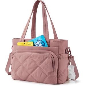 BAGSMART Lunch Bag Women Large Lunch Box Insulated Tote Bag with Multi-Pockets Quilted Puffy Tote for Work, Outdoors(01-Dusky Pink)