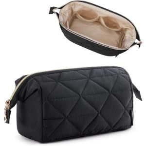 BAGSMART Makeup Bag Travel Makeup Bag, Cute Puffy Make Up Bag, Wide-open Cosmetic Bags for Women, Small Makeup Pouch for Travel Essentials Toiletries Accessories (Black)(A-Black)